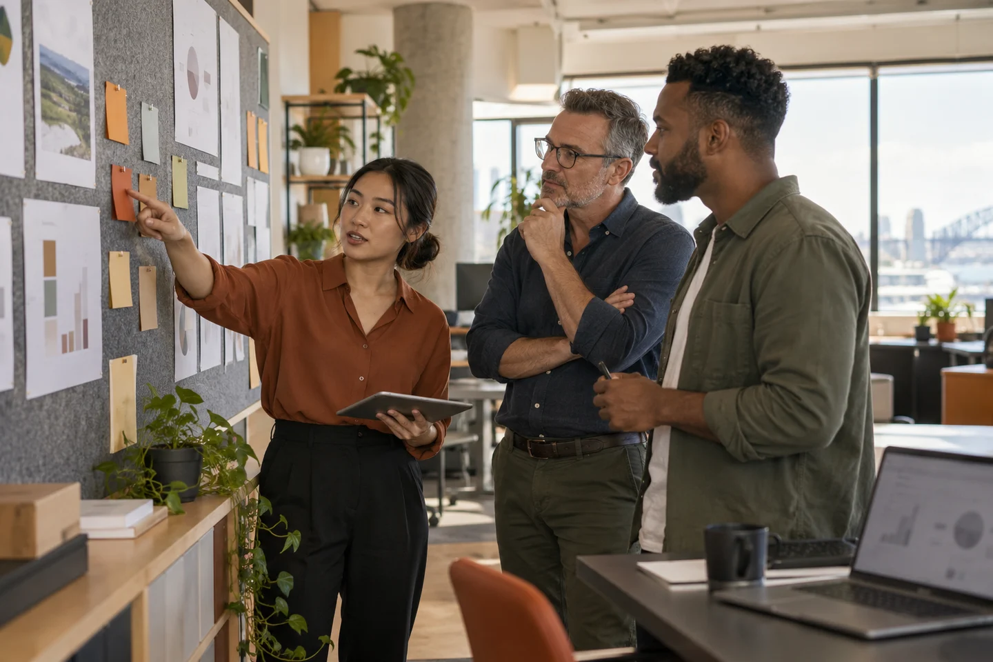 Three colleagues discuss notes pinned to a studio wall