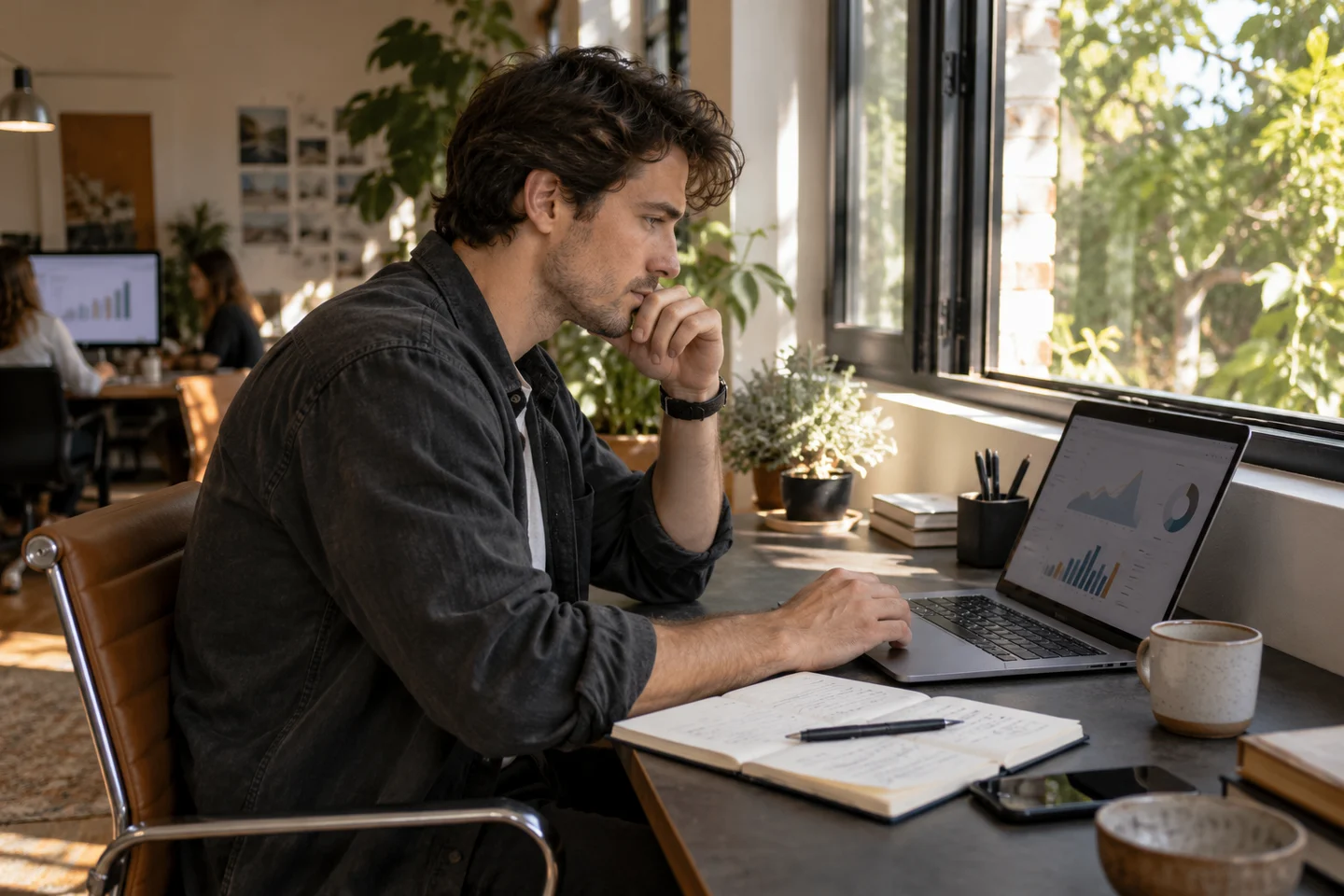 An analyst studies a laptop beside an open window
