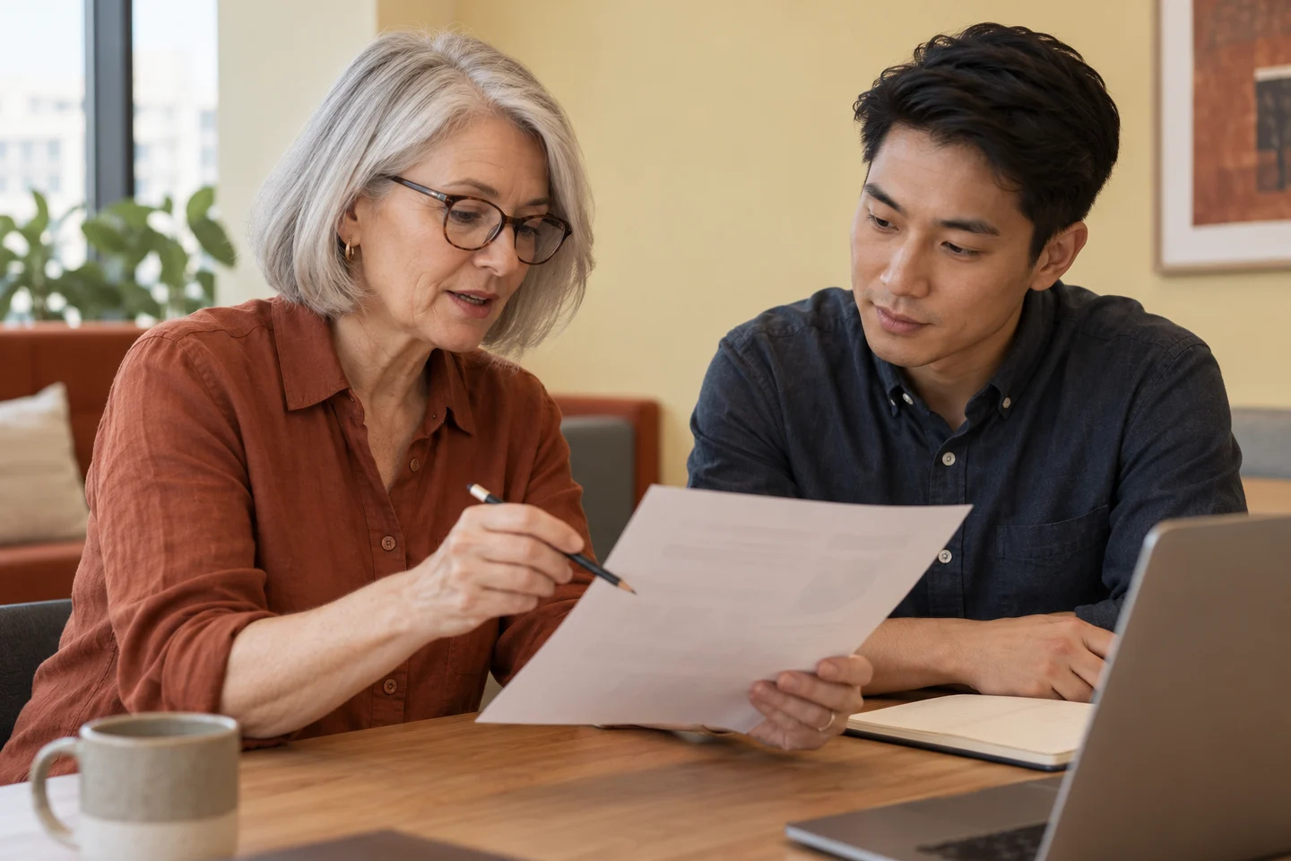 Colleagues review the margin of a paper work sample