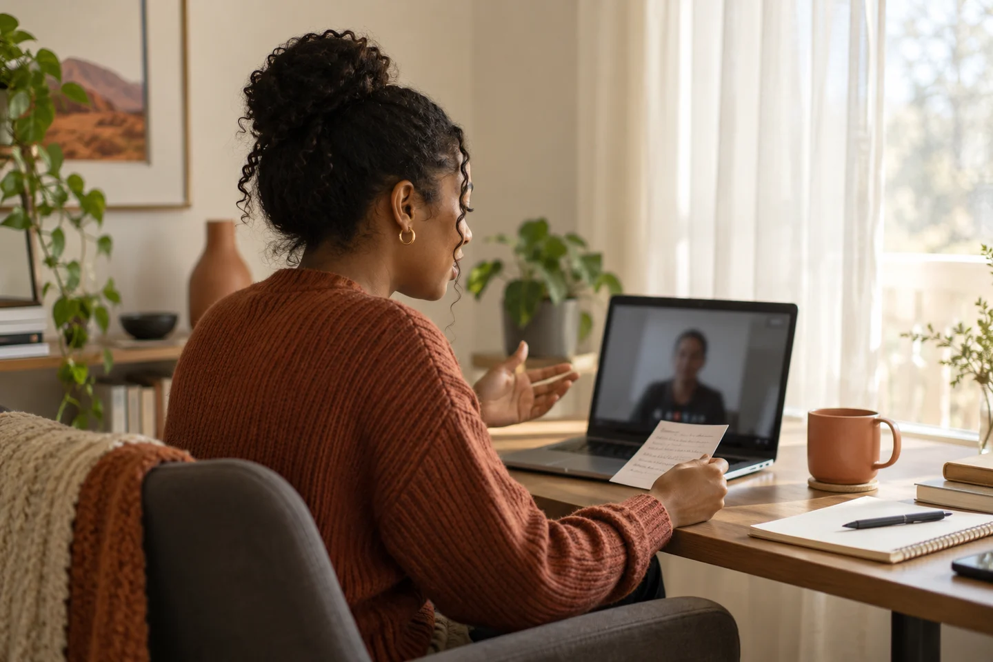 A woman rehearses a remote conversation at her home desk