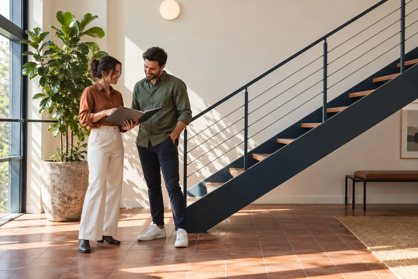 Two colleagues discuss a folder on an office stair landing