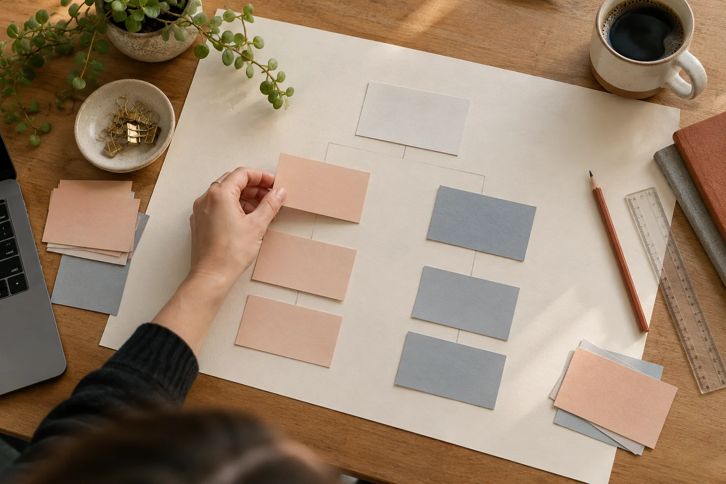 A hand arranges blank cards on an experiment planning sheet