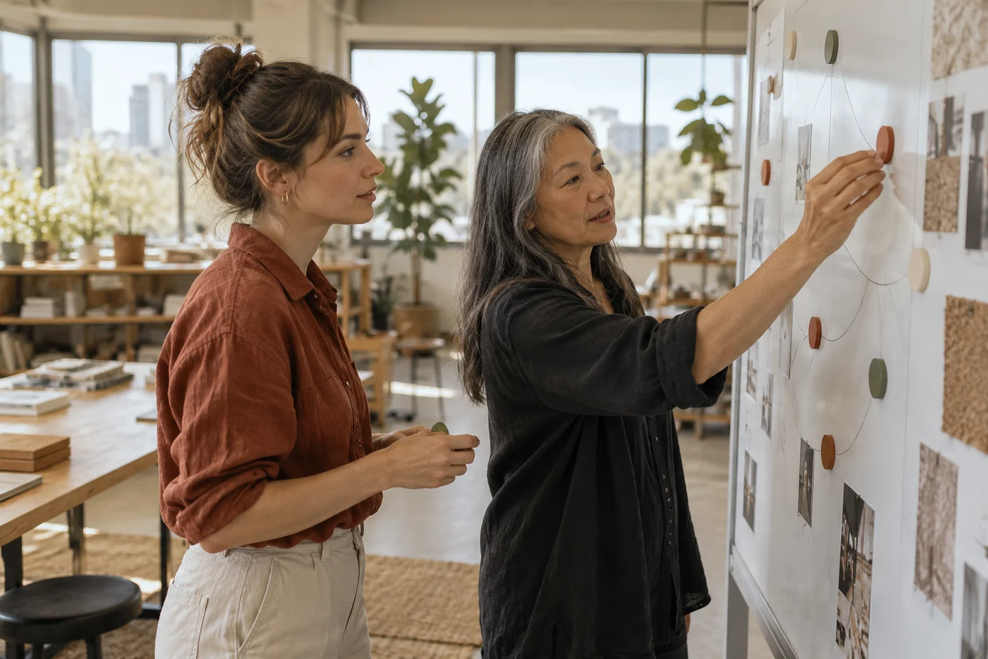 Two colleagues move tokens across a studio whiteboard